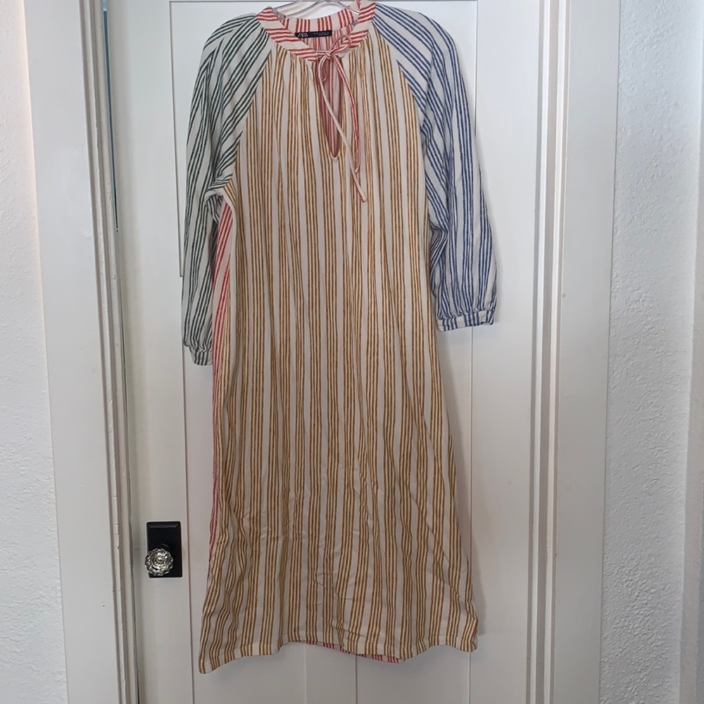 Zara striped cotton linen multicolor dress w/ tie @ neck straight loose fit